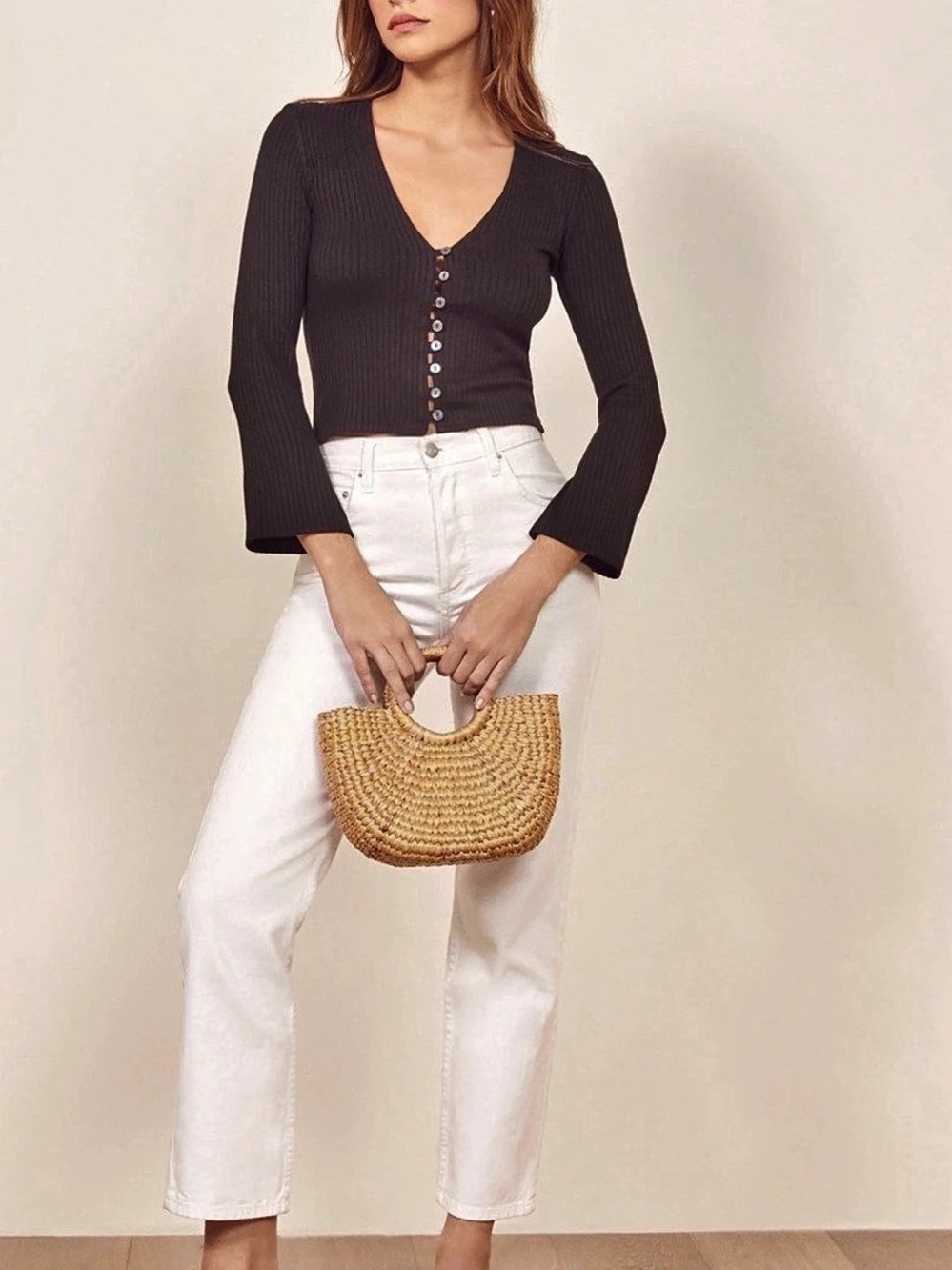 Reformation Gilda Ribbed V-Neck Cardigan Black & White